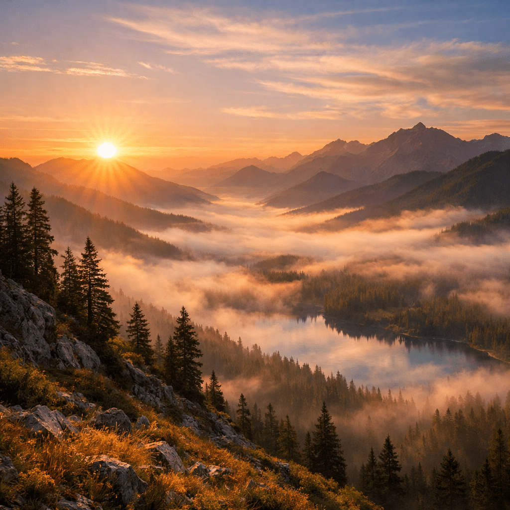 Sun rising over mountains with fog in the valley and lake surrounded by trees